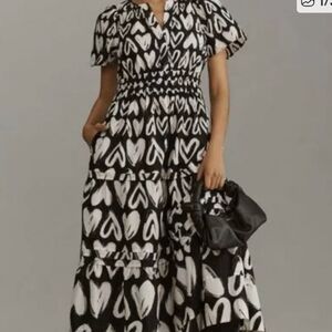 NWT Athropologie Maeve Somerset Midi Dress Black and White Heart Print